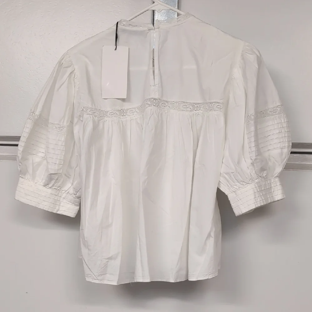 Zara Women White Romantic Embroidered Blouse Puffed Sleeves L NWT 7521/042